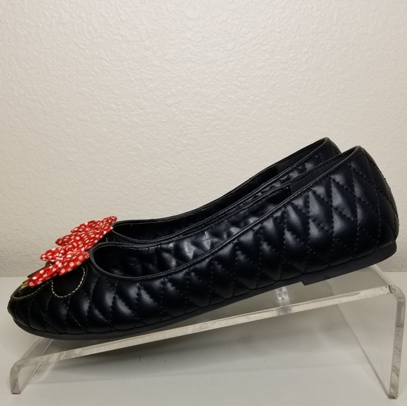 Disney Minnie Mouse Quilted Flats Adult Large Womens 9/10 Ballet Black Red Bow - Picture 4 of 14